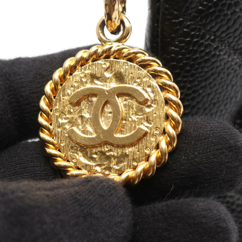 香奈兒 (CHANEL) Medallion 手提包，粒面小牛皮，黑色，二手，女士，金色五金，CC Coco-9