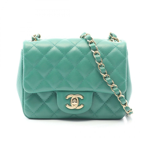 香奈兒迷你絎縫鏈條肩背斜背包 A35200 皮革 綠色 金色五金 二手