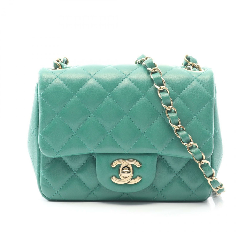 香奈兒迷你絎縫鏈條肩背斜背包 A35200 皮革 綠色 金色五金 二手-0