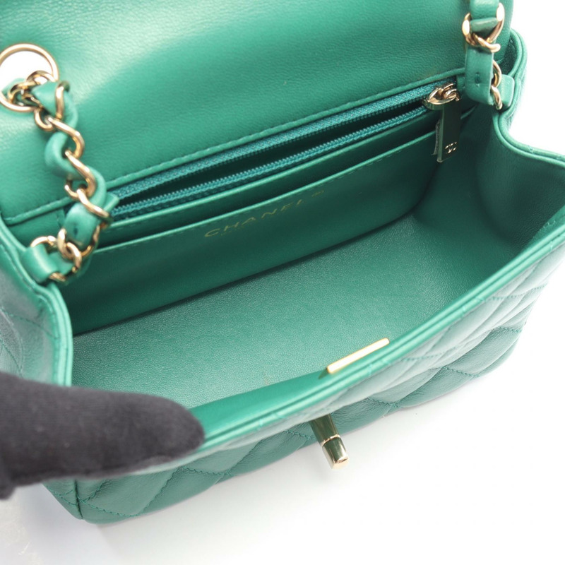 香奈兒迷你絎縫鏈條肩背斜背包 A35200 皮革 綠色 金色五金 二手-2