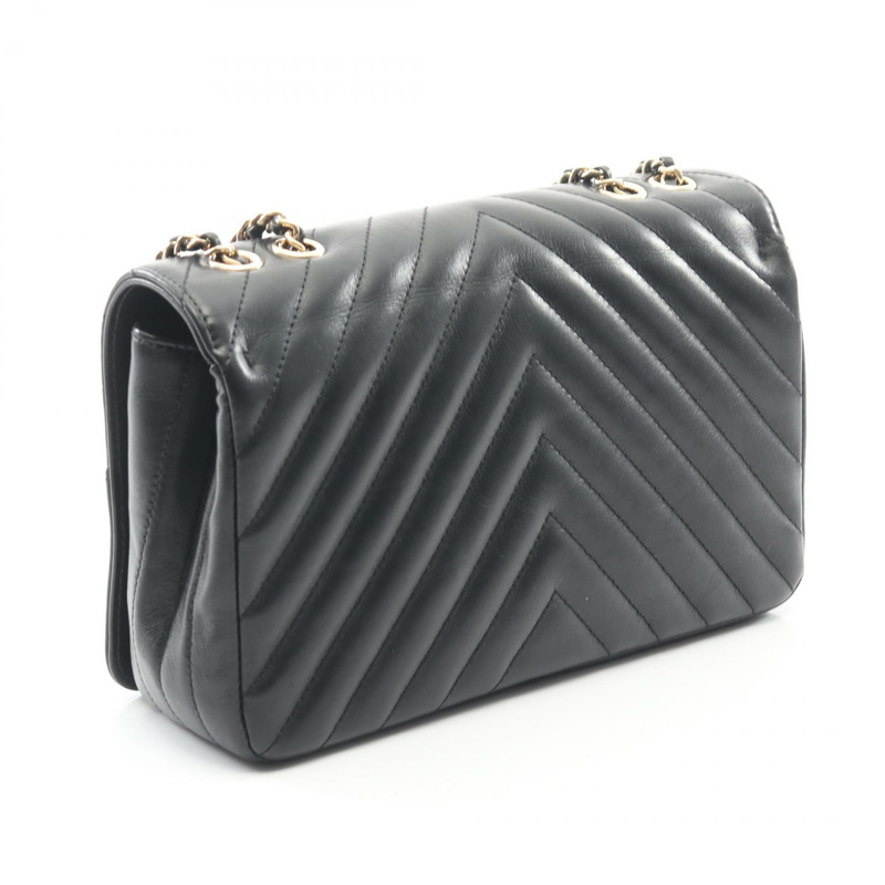 香奈兒 (CHANEL) 黑色羊皮人字紋V型縫線全翻蓋肩背包，二手女款，金色五金配件-1