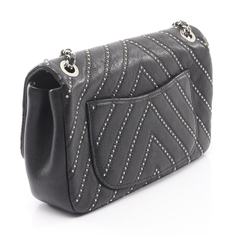 香奈兒 V 字縫線人字紋肩背包，粒面小牛皮，黑色，二手，女士，帶五金配件-1