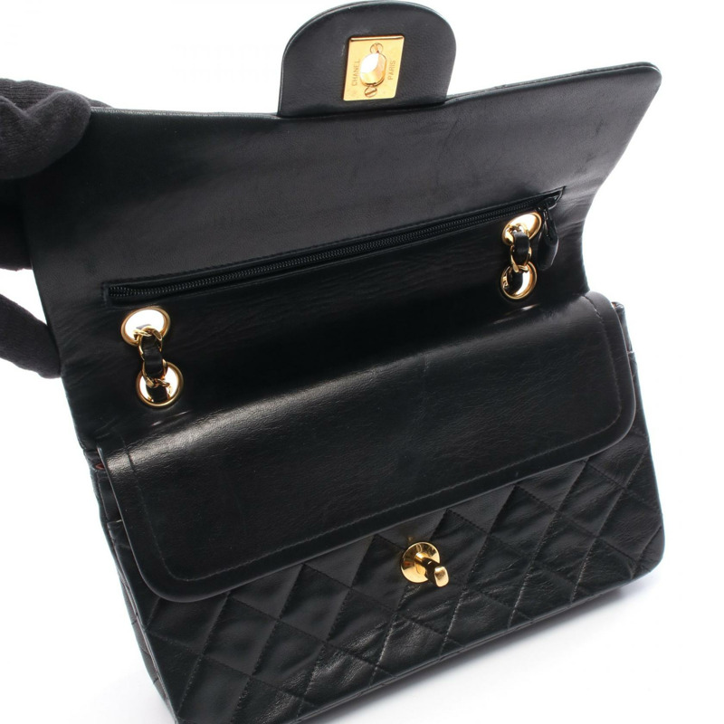 香奈兒 (CHANEL) 絎縫雙蓋鏈條肩背包，羊皮材質，黑色，金色五金，二手-6