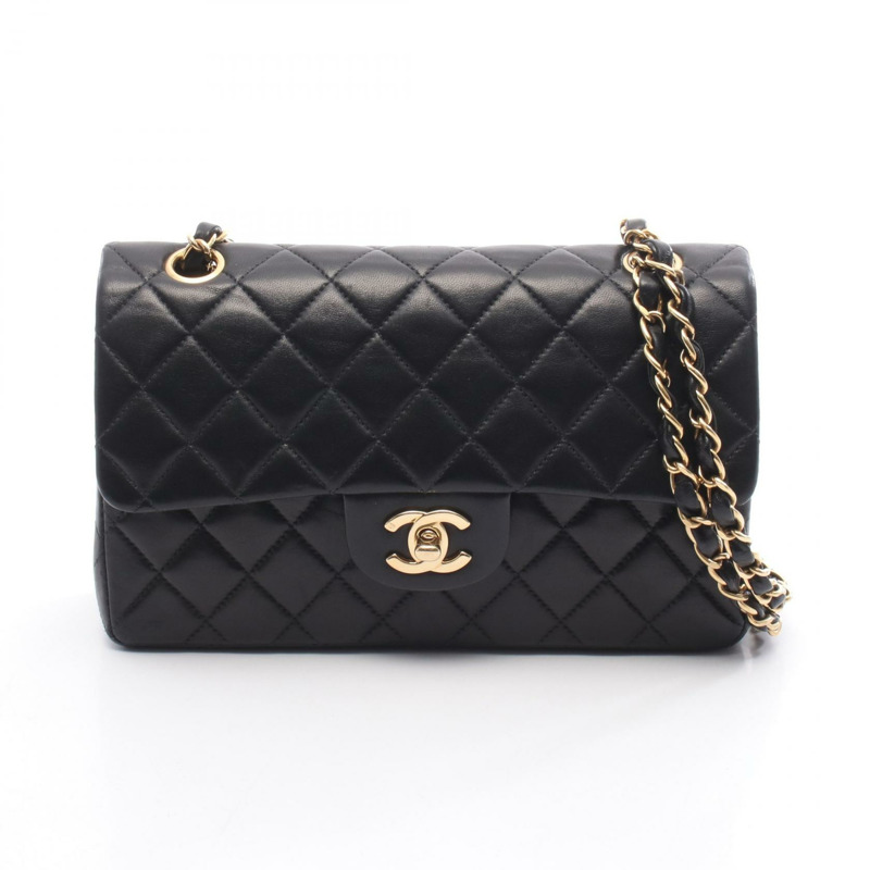 香奈兒 (CHANEL) 絎縫雙蓋鏈條肩背包，羊皮材質，黑色，金色五金，二手-0