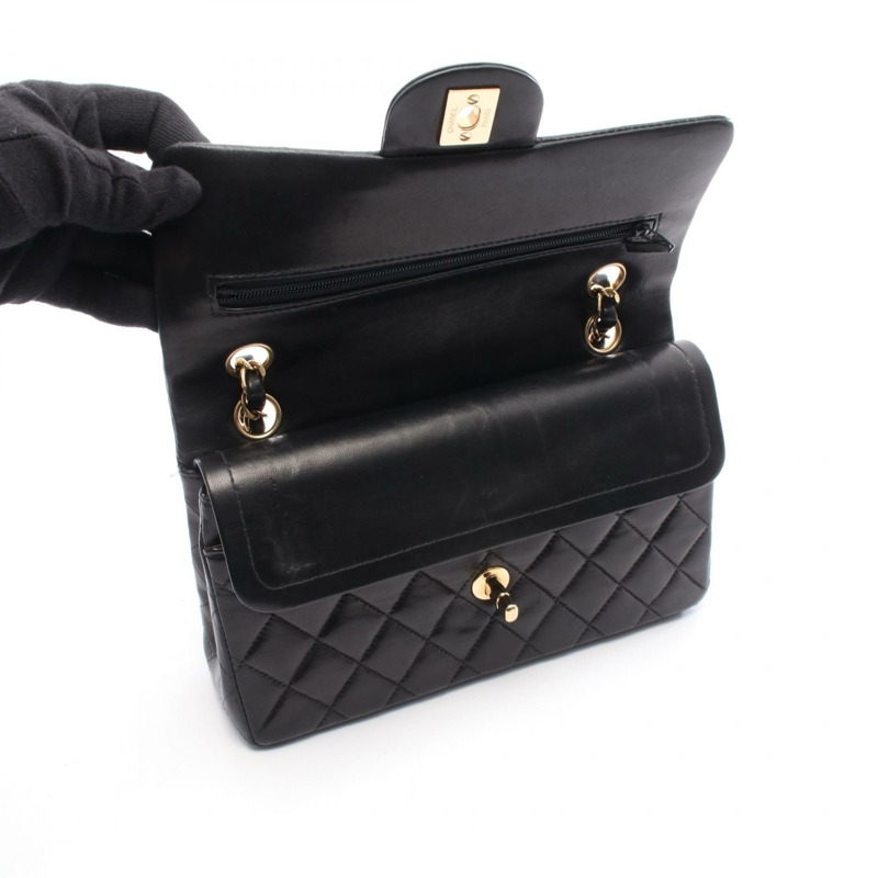 香奈兒 (CHANEL) 絎縫雙蓋鏈條肩背包，羊皮材質，黑色，金色五金，二手-9