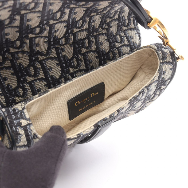 Dior迷你馬鞍包，斜紋提花帆布皮革手提包，黑色/海軍藍，二手-2