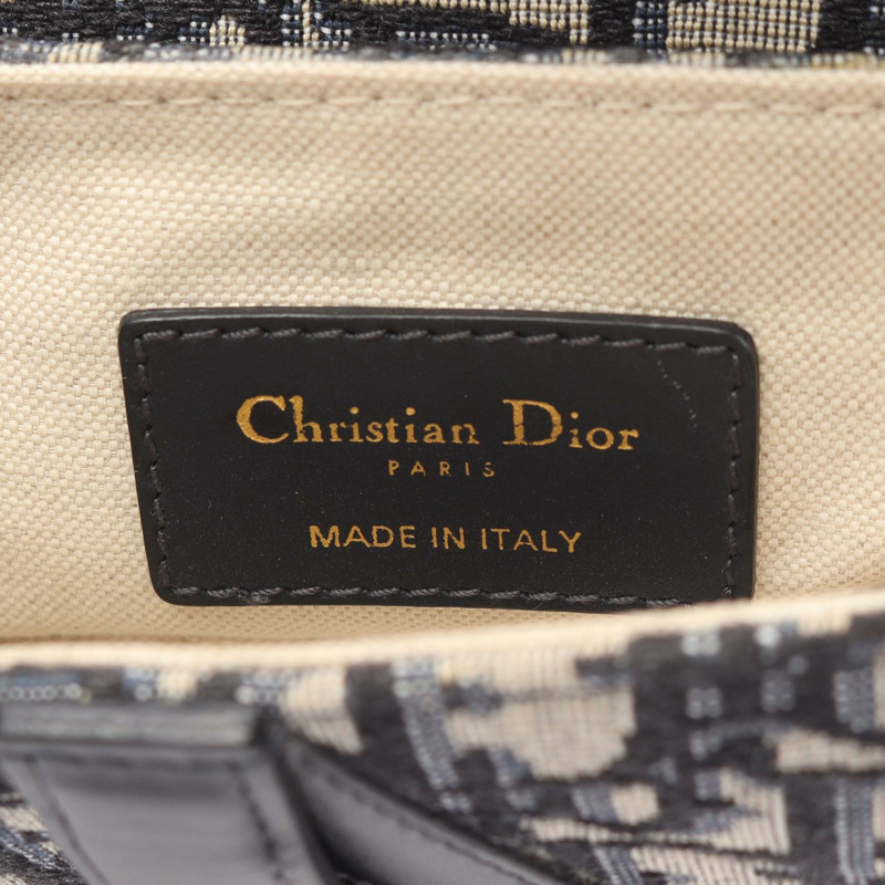 Dior迷你馬鞍包，斜紋提花帆布皮革手提包，黑色/海軍藍，二手-3