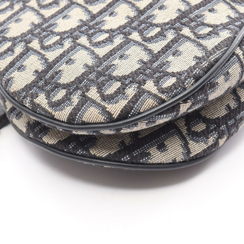 Dior迷你馬鞍包，斜紋提花帆布皮革手提包，黑色/海軍藍，二手-4