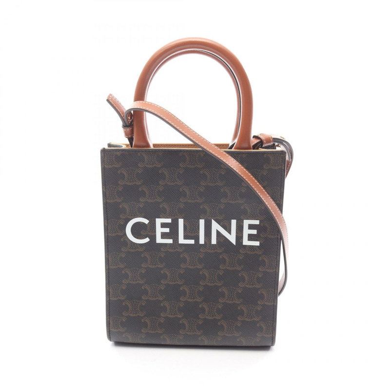 CELINE Mini Vertical Cabas Triomphe 單肩手提包，帆布皮革，棕色，二手-0