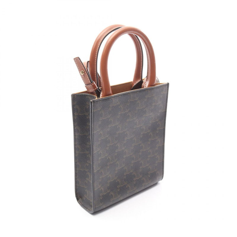 CELINE Mini Vertical Cabas Triomphe 單肩手提包，帆布皮革，棕色，二手-1