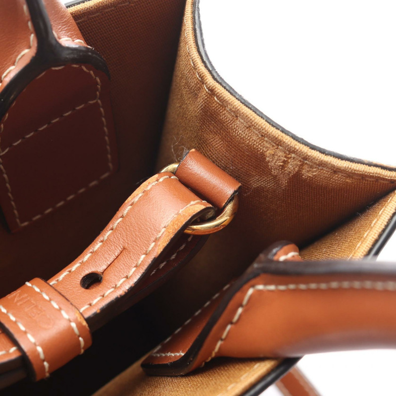 CELINE Mini Vertical Cabas Triomphe 單肩手提包，帆布皮革，棕色，二手-6