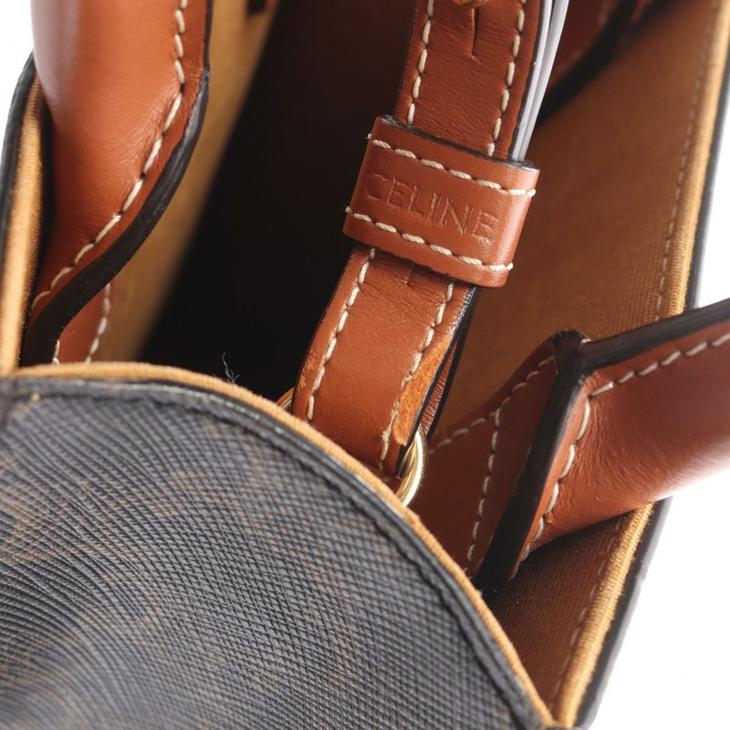 CELINE Mini Vertical Cabas Triomphe 單肩手提包，帆布皮革，棕色，二手-8
