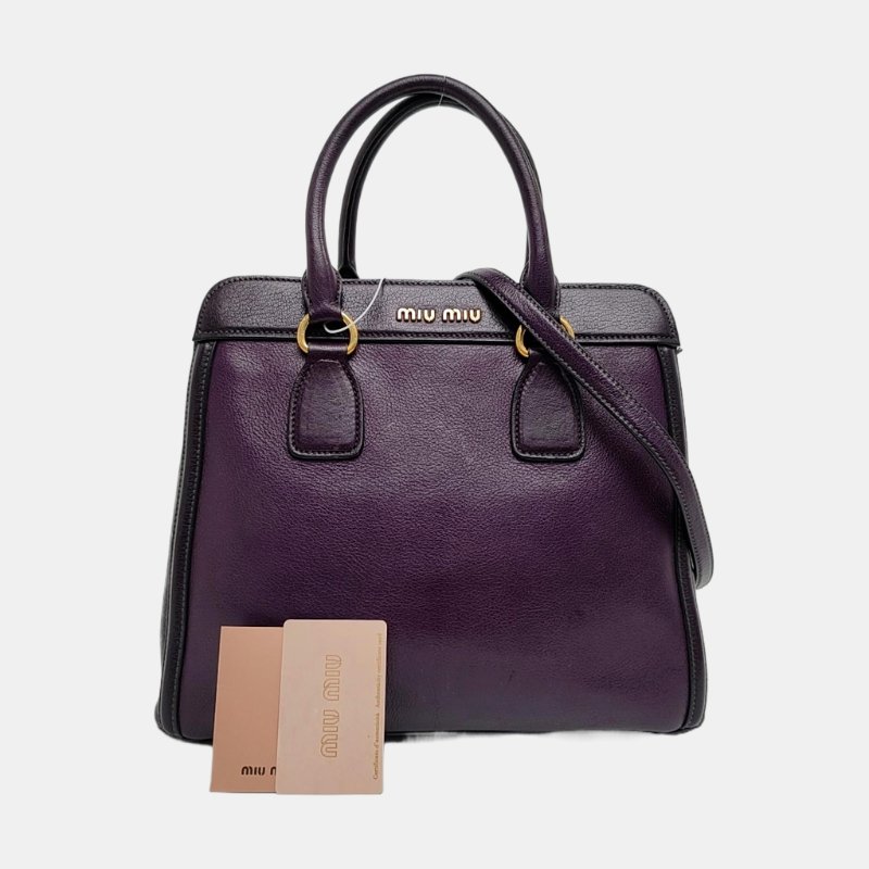 Miu Miu托特包紫色皮革單肩包手提包斜挎包金色五金可拆卸肩帶-7