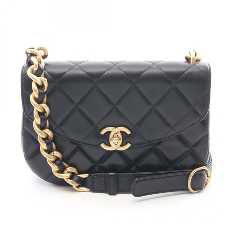 香奈兒 (CHANEL) Matelasse Chian 羊皮肩斜背包，黑色，金色五金，二手 CC