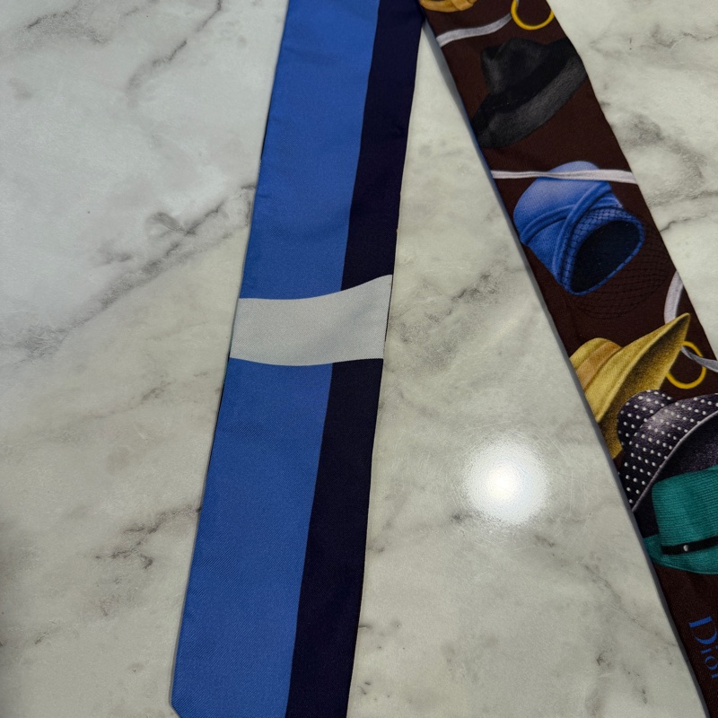 Dior 咖啡底各式帽子圖案拼深淺藍Twilly-5