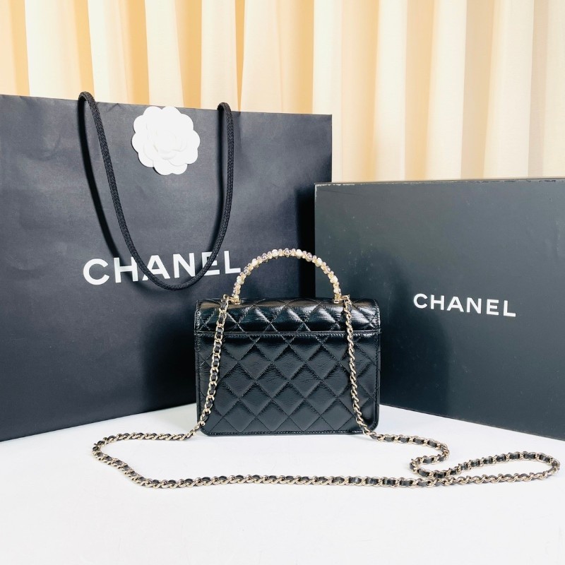 專櫃價7.8折！Chanel香奈兒  24P新款 黑金珍珠手柄 黑色油臘皮風琴包 小羊皮材質菱格紋  超美珍珠手柄 斜挎手提都很美-1