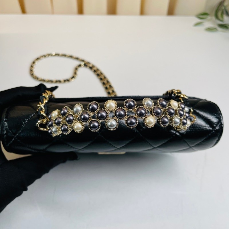 專櫃價7.8折！Chanel香奈兒  24P新款 黑金珍珠手柄 黑色油臘皮風琴包 小羊皮材質菱格紋  超美珍珠手柄 斜挎手提都很美-25