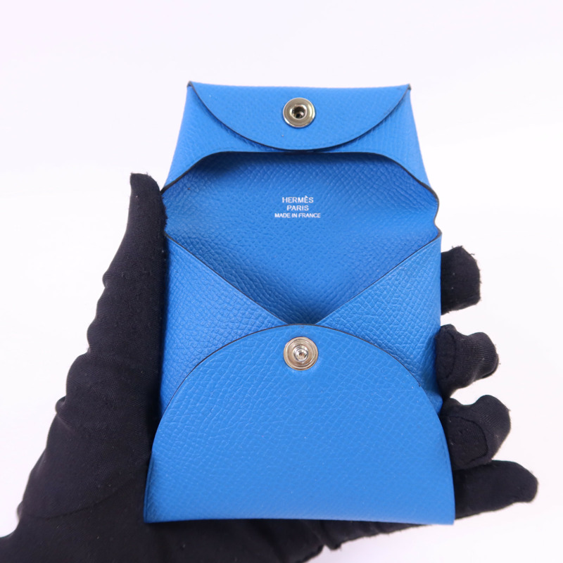 HERMES Epsom皮革Bastia銀扣零錢包Bleu Hydra-4
