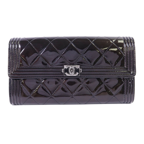 CHANEL 漆皮皮革Boy Long Wallet銀扣長錢包