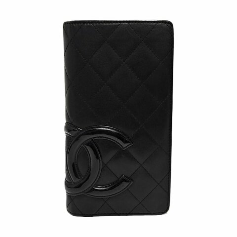 CHANEL CAMBON黑色牛皮菱格紋絎縫錢包銀色五金12開
