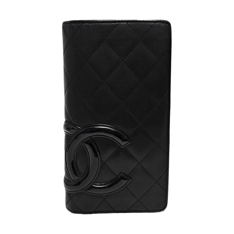 CHANEL CAMBON黑色牛皮菱格紋絎縫錢包銀色五金12開-0