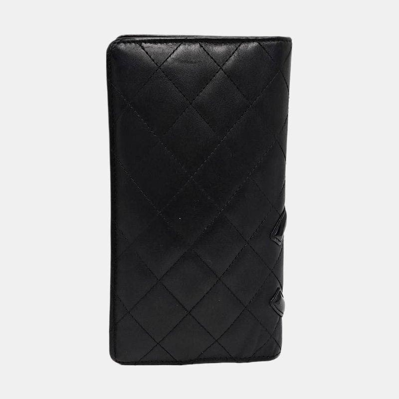 CHANEL CAMBON黑色牛皮菱格紋絎縫錢包銀色五金12開-4