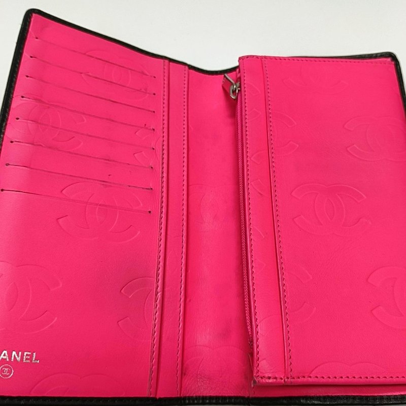CHANEL CAMBON黑色牛皮菱格紋絎縫錢包銀色五金12開-6