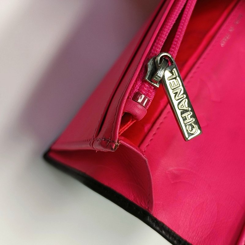 CHANEL CAMBON黑色牛皮菱格紋絎縫錢包銀色五金12開-10