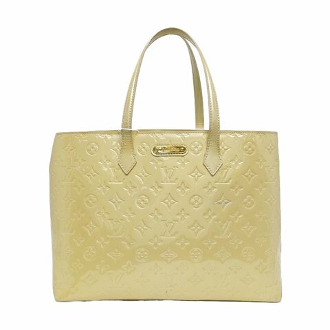 LOUIS VUITTON WILSHIRE黃色漆皮老花壓紋手提包金色五金