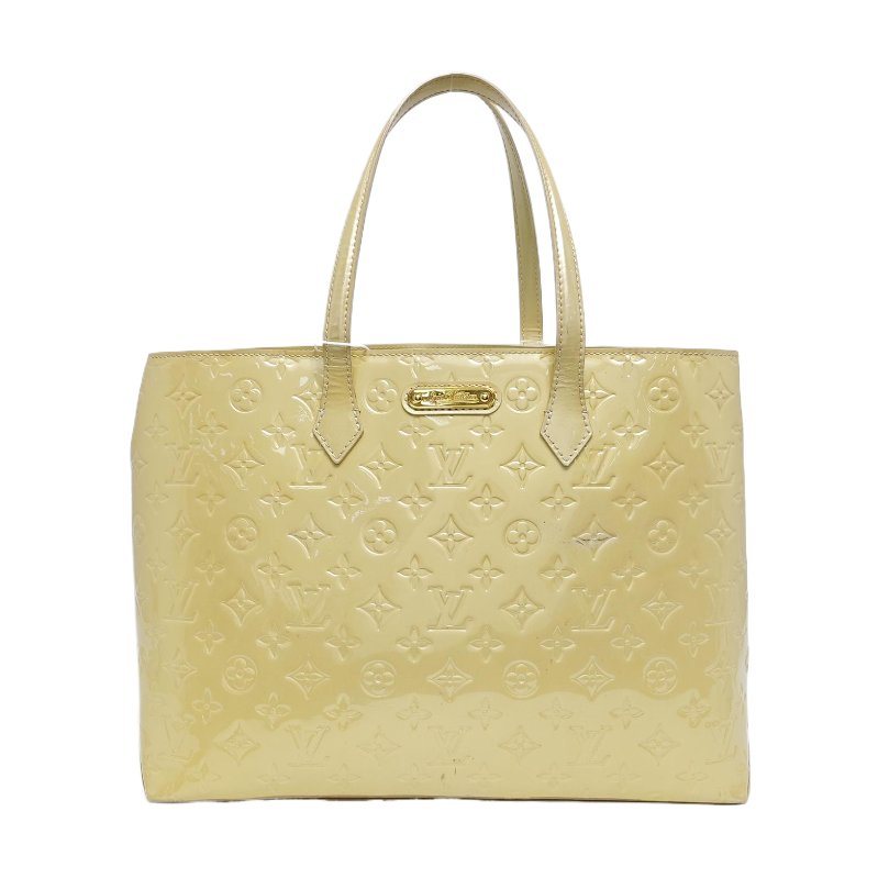 LOUIS VUITTON WILSHIRE黃色漆皮老花壓紋手提包金色五金-0