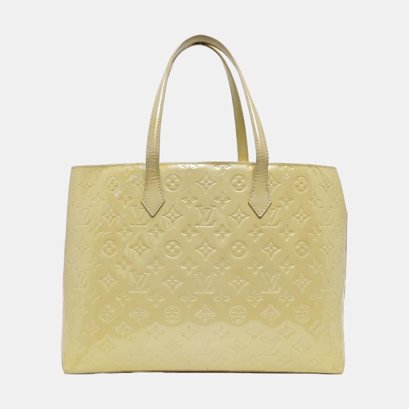 LOUIS VUITTON WILSHIRE黃色漆皮老花壓紋手提包金色五金-4