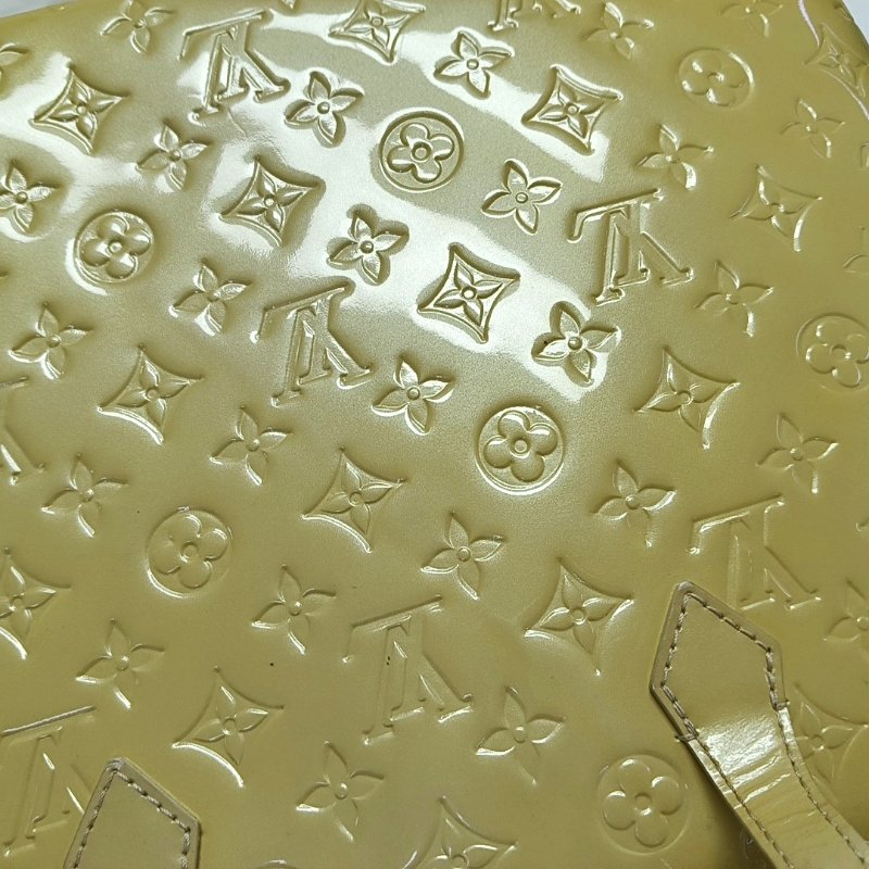 LOUIS VUITTON WILSHIRE黃色漆皮老花壓紋手提包金色五金-11