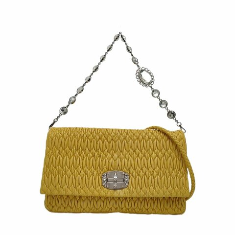 Miu Miu Crystal黃色羊皮絎縫鑲嵌單肩包斜挎包手提包銀色五金2條可拆卸肩帶