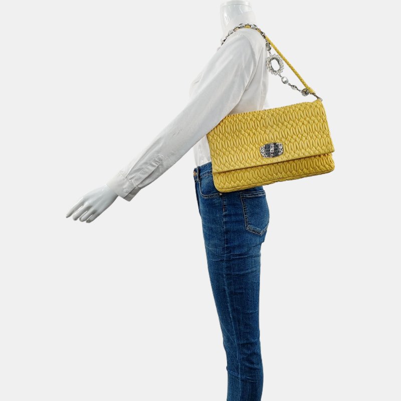 Miu Miu Crystal黃色羊皮絎縫鑲嵌單肩包斜挎包手提包銀色五金2條可拆卸肩帶-1