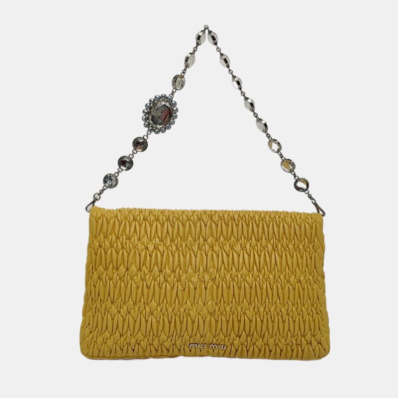 Miu Miu Crystal黃色羊皮絎縫鑲嵌單肩包斜挎包手提包銀色五金2條可拆卸肩帶-4