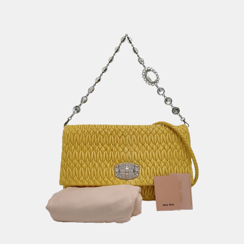 Miu Miu Crystal黃色羊皮絎縫鑲嵌單肩包斜挎包手提包銀色五金2條可拆卸肩帶-7