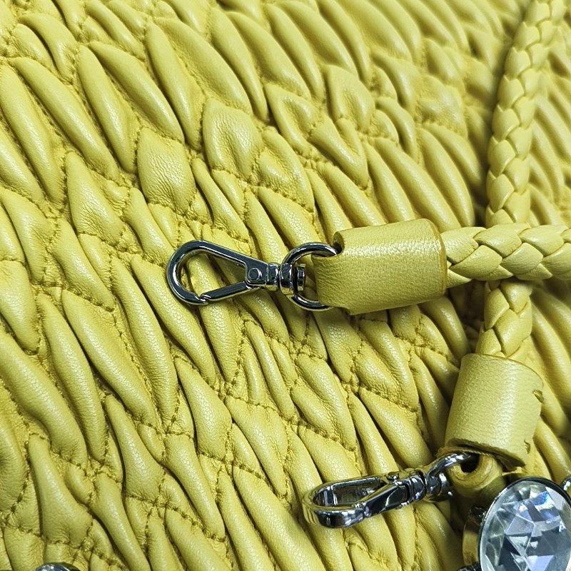 Miu Miu Crystal黃色羊皮絎縫鑲嵌單肩包斜挎包手提包銀色五金2條可拆卸肩帶-13