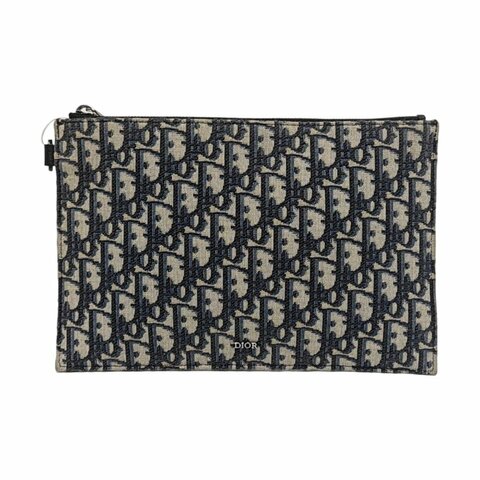 DIOR深藍色帆布老花提花手拿包釘色五金