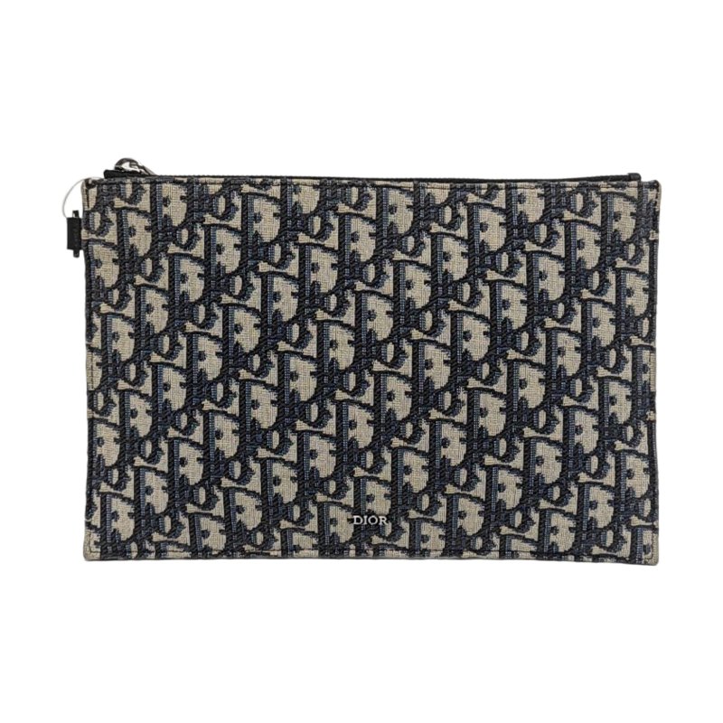 DIOR深藍色帆布老花提花手拿包釘色五金-0