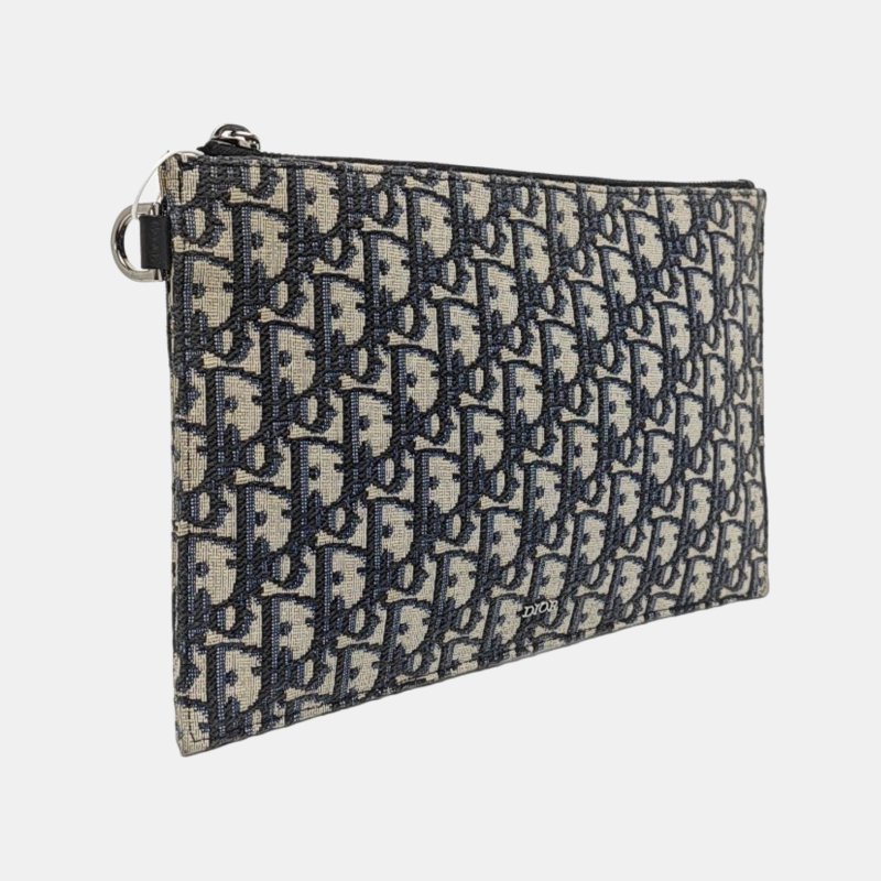 DIOR深藍色帆布老花提花手拿包釘色五金-3