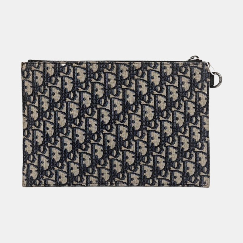 DIOR深藍色帆布老花提花手拿包釘色五金-4