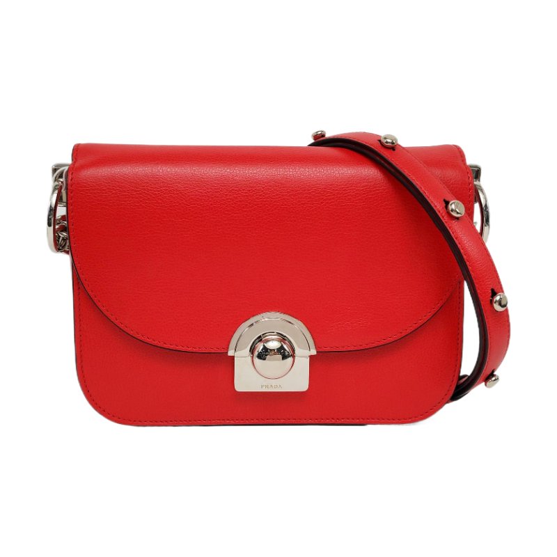 PRADA紅色牛皮單肩包斜挎包銀色五金可拆卸肩帶-0
