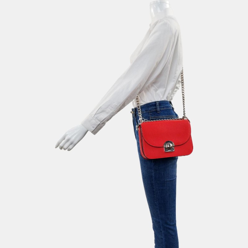 PRADA紅色牛皮單肩包斜挎包銀色五金可拆卸肩帶-1