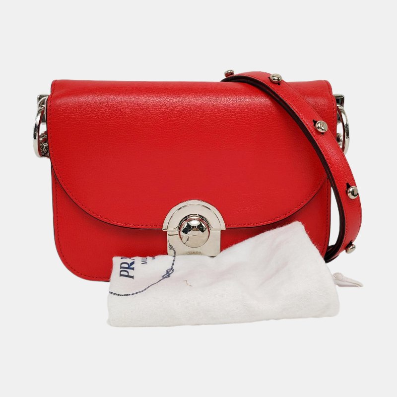 PRADA紅色牛皮單肩包斜挎包銀色五金可拆卸肩帶-7