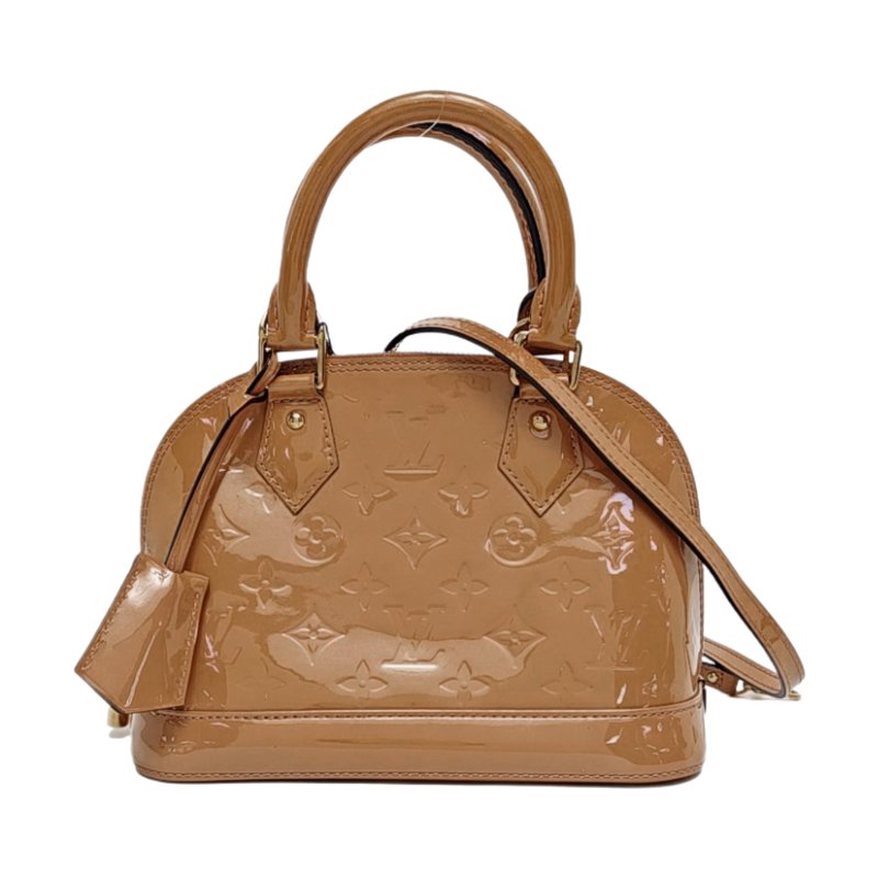 LOUIS VUITTON ALMA BB 棕色漆皮壓紋貝殼包單肩包手提包斜挎包金色五金可拆卸肩帶-0