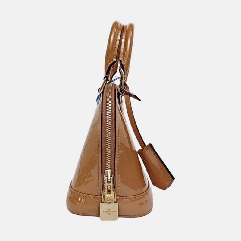 LOUIS VUITTON ALMA BB 棕色漆皮壓紋貝殼包單肩包手提包斜挎包金色五金可拆卸肩帶-3