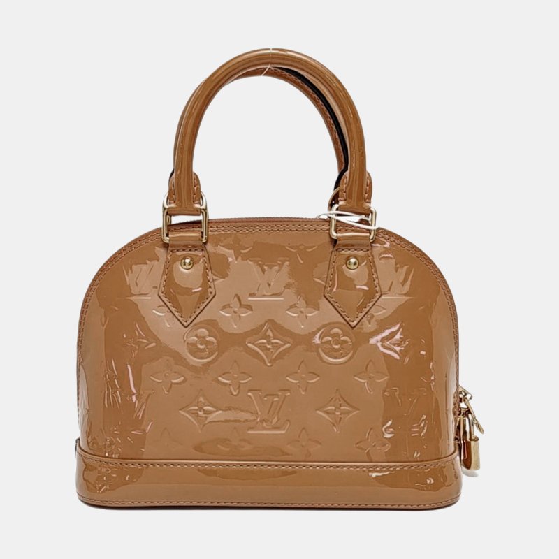 LOUIS VUITTON ALMA BB 棕色漆皮壓紋貝殼包單肩包手提包斜挎包金色五金可拆卸肩帶-4