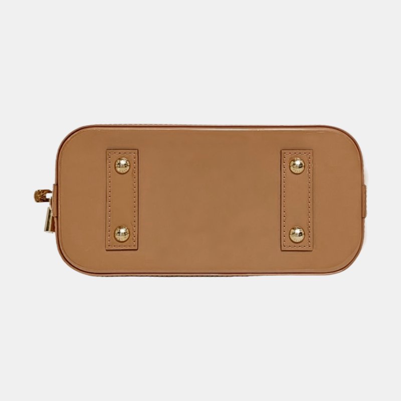 LOUIS VUITTON ALMA BB 棕色漆皮壓紋貝殼包單肩包手提包斜挎包金色五金可拆卸肩帶-5