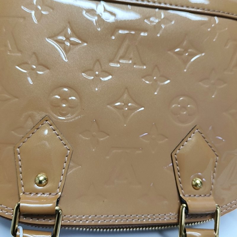 LOUIS VUITTON ALMA BB 棕色漆皮壓紋貝殼包單肩包手提包斜挎包金色五金可拆卸肩帶-8