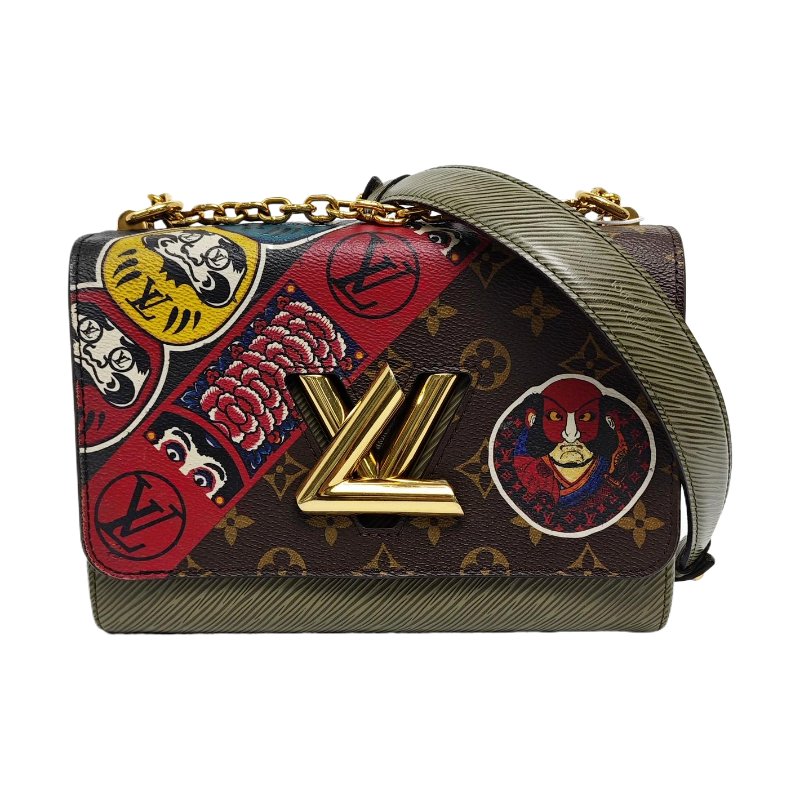 LOUIS VUITTON TWIST中號棕色塗層帆布老花水波紋單肩包斜挎包金色五金可拆卸肩帶-0